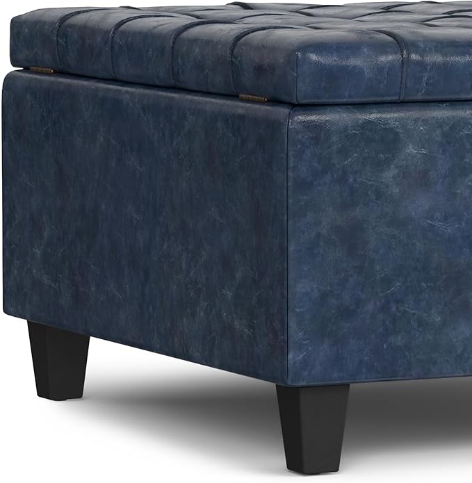SIMPLIHOME Harrison 30 inch Wide Transitional Square Small Coffee Table Storage Ottoman in Denim Blue Vegan Faux Leather, Assembled, for The Living Room and Bedroom