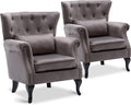 Accent Reading Arm Chairs Set of 2 for Living Room Bedroom, Midcentury Modern Comfy Corner Sofa Chair, Wingback Waiting Room Club Chair with Button Tufted Back &Lumbar Pillow, Velvet Grey