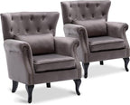 Accent Reading Arm Chairs Set of 2 for Living Room Bedroom, Midcentury Modern Comfy Corner Sofa Chair, Wingback Waiting Room Club Chair with Button Tufted Back &Lumbar Pillow, Velvet Grey