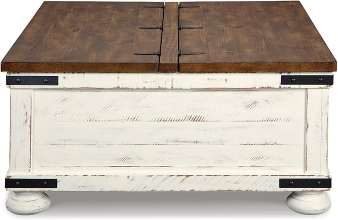 Signature Design by Ashley Wystfield Farmhouse Square Storage Coffee Table with Hinged Lift Top, Distressed White