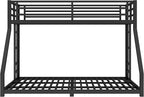 Twin XL Over Queen Bunk Bed Frame with Noise Reduced Design, Heavy Buty Floor Bunk Bed Twin XL Over Queen Bunk Beds with Build in Ladder for Adults, Teens(Black Floor Bunk Bed)