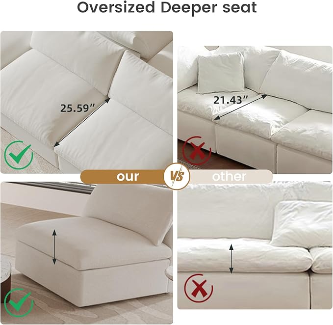 Cloud Couch Modular Sectional Sofa,160.6" Down Filled 5 Seater Convertible Sectional Sofas,V Shaped Couch for Living Room,Covers Washable&Replaceable,White