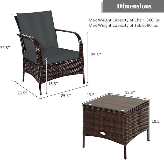 COSTWAY 3 Pieces Patio Rattan Furniture Set, Outdoor Conversation Chair Set with Coffee Table & 2 Cushions for Backyard, Porch, Poolside, Lawn, Garden, Grey