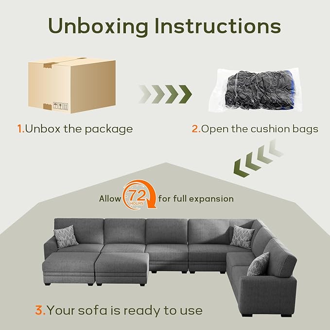 Wanderwell Oversized Modular Sectional Sofa, 6-Seater U Shaped Couches with Movable Ottoman,Corduroy Sectional Couch with Wide and Deep Seats Suitable for Living Room,Bedroom,Apartment (Grey, L-6)
