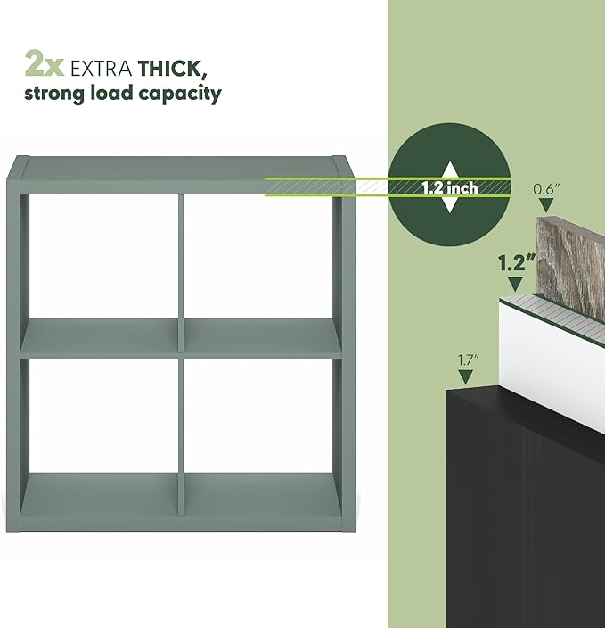 Furinno Cubicle Book Shelf, 4-Cube Thick Frame Bookshelf, Reversible Bookcase with Open Back, 14.6" x 30" x 30", for Living Room, Bedroom, Home Office, Sage Green