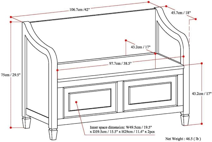 SIMPLIHOME Connaught Entryway Storage Bench - 42 inch Wide Solid Wood Storage Seat in Dark Chestnut Brown, Traditional Bench for Entryway or Living Room with Lift-Up Lid and Elegant Moulding Detail