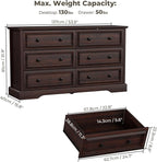 Farmhouse 6 Drawer Dresser for Bedroom, 54" Wide Wood Dresser with Natural Texture, Rustic Chest of Drawers for Bedroom with Vintage Metal Hands, for Living Room, Hallway, Cherry