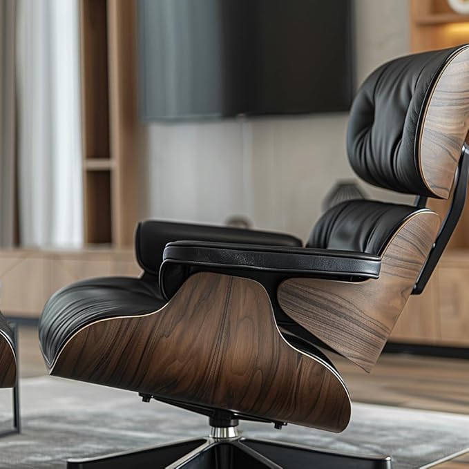 Top Black Grain Leather, Mid Century Chaise Lounge Chair and Ottoman, Modern Chair Classic Design, Walnut Wood, Heavy Duty Base Support for Living Room Office