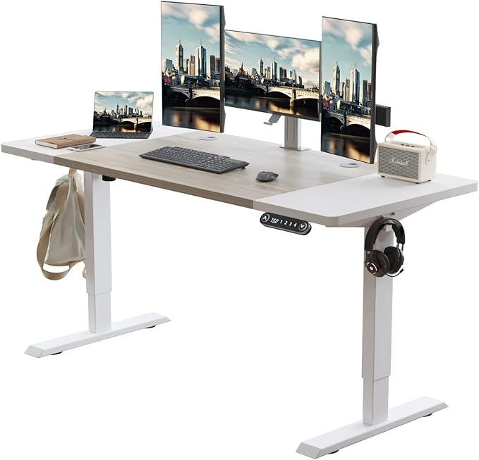 Radlove Electric Height Adjustable Standing Desk, 63x 30 Inches Stand Up Desk Workstation, Splice Board Home Office Computer Standing Table Ergonomic Desk (White+ Oak, 63x30'')