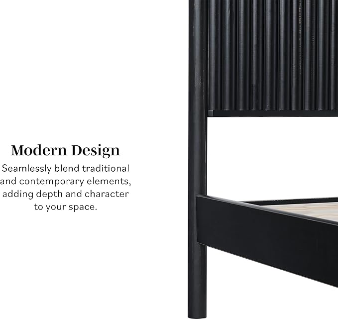Walker Edison Queen Modern Reeded Headboard Solid Wood Bed, Queen Size, Black