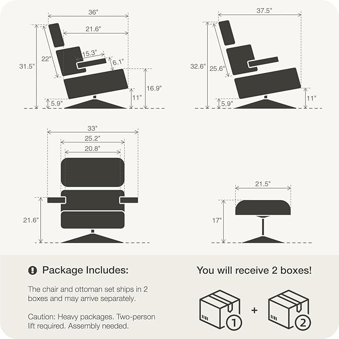 Top Black Grain Leather, Mid Century Chaise Lounge Chair and Ottoman, Modern Chair Classic Design, Palisander Wood, Heavy Duty Base Support for Living Room Office Study