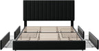 Allewie King Size Storage Bed Frame, Vertical Channel Tufted Adjustable Headboard, Velvet Upholstered Platform Bed with 4 Oversized Underbed Drawers, Wooden Slats Support, No Box Spring Needed, Black