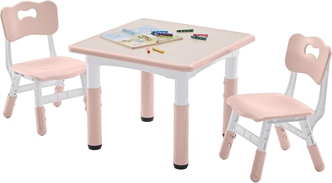 Kids Table and 2 Chairs Set, Height-Adjustable Toddler Table and Chair Set with Graffiti Desktop, 23.6''L x 23.6''W Children Activity Table for Daycare, Classroom, Home