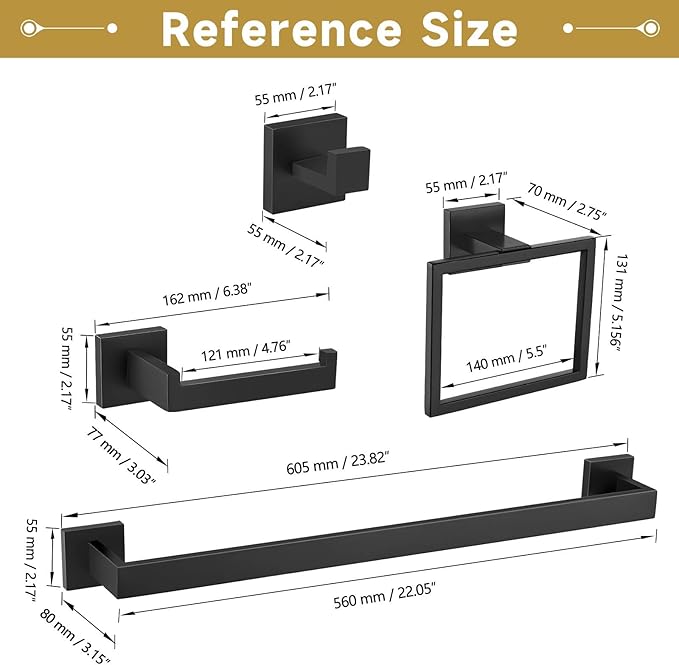 10 Pieces Bathroom Hardware Accessories Set Black Towel Bar Set Towel Holder Racks Set for Bathroom,SUS304 Stainless Steel,Wall Mounted 23.6-Inch