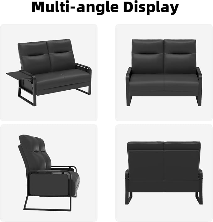 Faux Leather Loveseat, Upholstered Loveseat with Side Tray Table & Storage Pocket, Small Loveseat for Living Room, Modern 2 Seater Sofa Couch for Small Spaces, Bedroom, Black