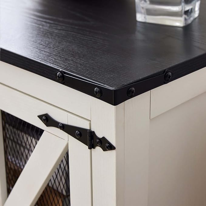 White Farmhouse End Table with Charging Station, 24" Wood Sofa Side Table with Mesh Barn Door, Nightstand with Adjustable Storage Shelf for Living Room, Square