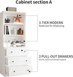 VOWNER Vertical File Cabinet, 3-Tier Modern Bookshelf with 3 Large Drawer, Wood Filing Cabinet with Open Storage Shelf, Glass Doors and Fixed Storage Shelves for Home Office, White