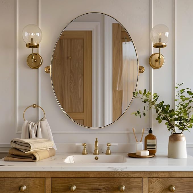 ANDY STAR Gold Bathroom Mirror, 22" x 34" Tilting Vanity Oval Mirror for Wall, Brushed Gold Stainless Steel Metal Frame Pivot Mirror Hangs Vertically Wall-Mounted