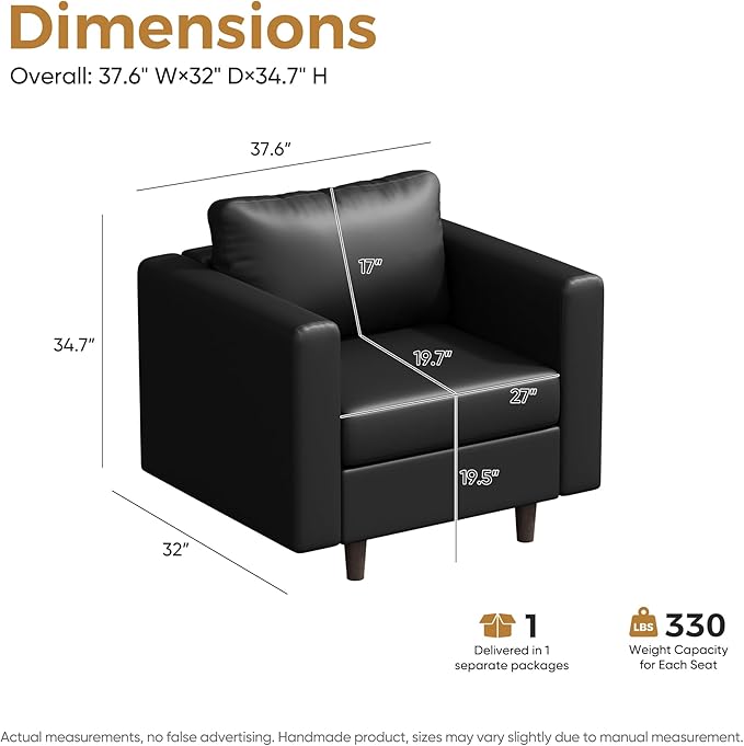 ABCASA Faux Leather Oversized Accent Chair with Storage Deep Seat Single Sofa Large Reading Armchair for Living Room Bedroom Office Black