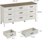 LYNSOM Farmhouse 9 Drawers Dresser for Bedroom, 55" Wide Wood Rustic Chest of Drawers with Natural Texture, Metal Handle, Storage Dressers Organizer for Entryway, Hallway, Antique White