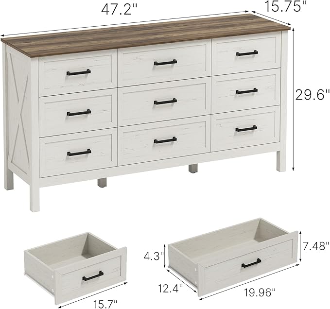 LYNSOM Farmhouse 9 Drawers Dresser for Bedroom, 55" Wide Wood Rustic Chest of Drawers with Natural Texture, Metal Handle, Storage Dressers Organizer for Entryway, Hallway, Antique White