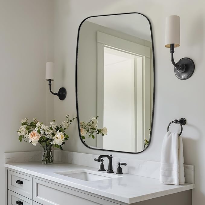 ANDY STAR Black Oval Mirrors for Bathroom, Large 24x36’’ Matte Black Metal Framed Oblong Wall Mirror, Modern Black Vanity Mirror in Stainless Steel Frame Wall Mount Horizontal or Vertical