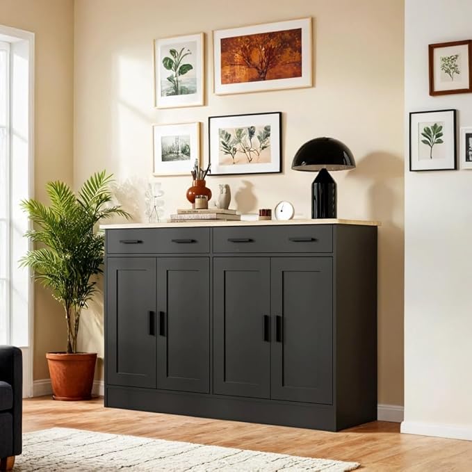 Black Sideboard Buffet with 4 Doors & 2 Drawers, Accent Coffee Bar, Kitchen Cabinet for Living Room, Kitchen or Hallway