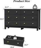 Black Dresser, Modern 6 Drawer Double Dresser for Bedroom with Gold Knobs, Adults & Kids Wide Dressers & Chests of Drawers for Hallway, Entryway