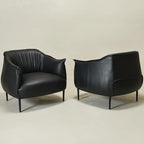 KINWELL 33" W Faux Leather Barrel Chairs Set of 2 with Hand-Tufted Pleated Back Flared Arms, Modern PU Upholstered Accent Chairs with Metal Legs, Large Armchairs Lounge Chairs for Living Room, Black