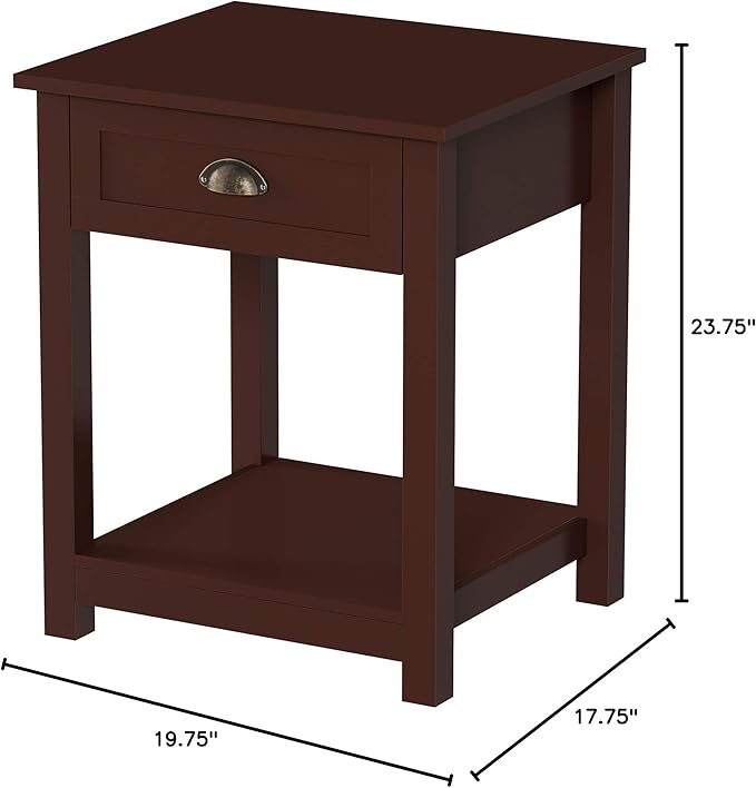 Lavish Home End Tables with Drawer - Set of 2 Sofa or Bedside Tables with Storage Shelf - Shaker Style Wooden Nightstand or Side Table Pair (Brown)
