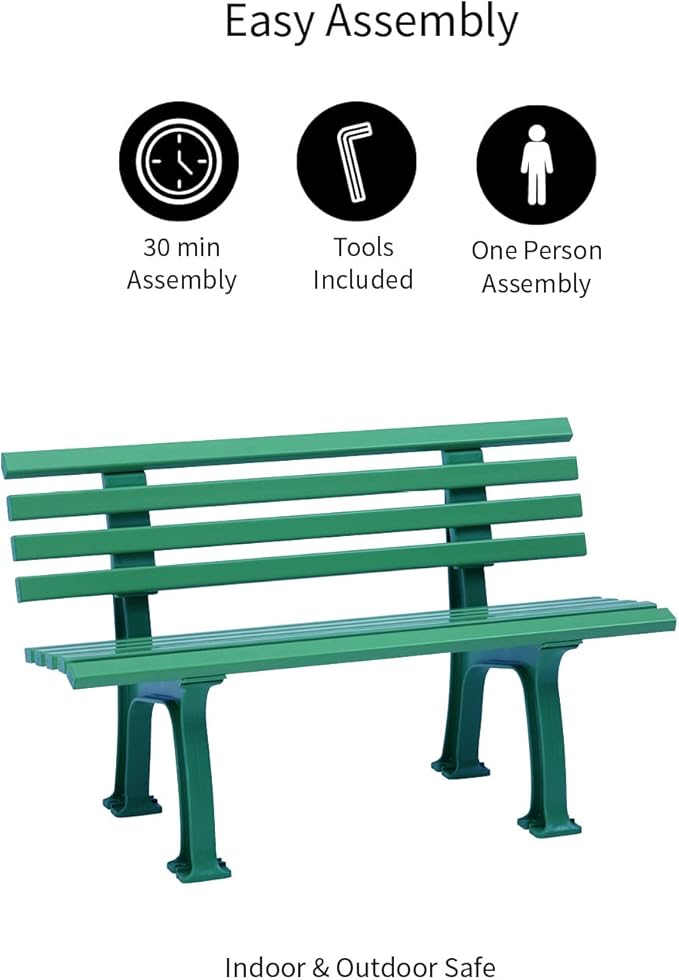 Plow & Hearth Weatherproof German PVC Outdoor Bench | Holds Up to 500 lbs | Garden Patio Porch Park Deck | Steel and Resin | Green