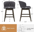 COSTWAY Counter Height Bar Stools Set of 4, Fabric Upholstered Island Stools with 360° Swivel Seat & Button-Tufted Back, Modern Pub Stools with Solid Rubber Wood Frame (Grey,4)
