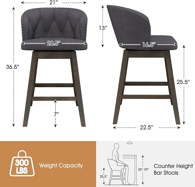 COSTWAY Counter Height Bar Stools Set of 4, Fabric Upholstered Island Stools with 360° Swivel Seat & Button-Tufted Back, Modern Pub Stools with Solid Rubber Wood Frame (Grey,4)