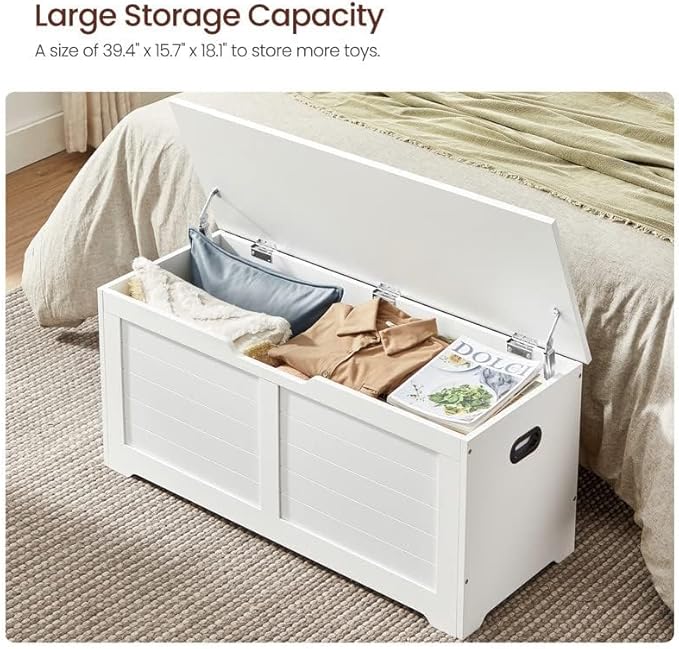 VASAGLE Storage Chest, Storage Bench with 2 Safety Hinges, Farmhouse Style, 15.7 x 39.4 x 18.1 Inches, for Entryway, Bedroom, Living Room, Cloud White ULSB061T10