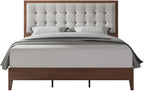 Jocisland Wood King Size Bed Frame,Tall Upholstered Tufted Headboard, Solid Wood Platform, No Box Spring Needed, Walnut