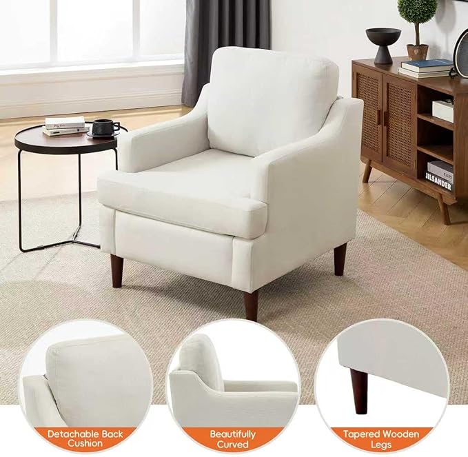 Mid-Century Accent Chair Modern Linen Fabric Armchair for Living Room,Comfy Upholstered Reading Chairs for Bedroom,Single Sofa Chair with Wood Legs (Linen Beige, Set of 1)
