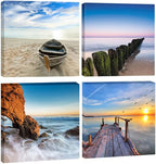Wieco Art Seaview Sea Beach Canvas Prints Wall Art Large Modern 4 Panels Seascape Giclee Paintings Pictures Stretched and Framed Landscape Artwork Ready to Hang for Home Decorations