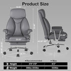 Big and Tall Office Chair, Executive Home Office Desk Chair, Comfy Leather High-Back Reclining Computer Chair with Retractable Footrest and Padded Arms, 360°Swivel Rolling Wheels, Wide Seat, Gray