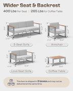 Outdoor Patio Furniture Set, 7 Seats Outdoor Patio Conversation Sets with Ergonomic Seat and Wide Washable Thick Cushions, Modern Patio Sectional Furniture for Balcony, Porch（Teak-Gray