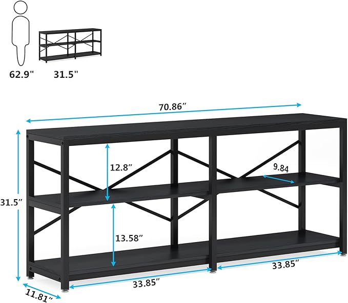 Tribesigns 70.9 Inch Extra Long Console Table, Modern Sofa Table Behind Couch Table with Storage Shelves, 3-Tier Industrial Hallway Entryway Table for Living Room, 3 Shelf Bookshelf(Black)