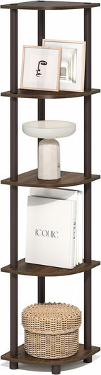 Furinno Turn-N-Tube Corner Shelf, 5-Tier Corner Bookshelf, Open Storage Shelves, for Organization and Storage, Living Room, Home Office, Garage, Bedroom, Black Walnut