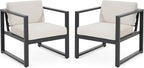 Christopher Knight Home Navan Set of 2 Outdoor Patio Club Chairs with Cushions, Aluminum Outdoor Armchair, Garden Sofa Lounge Chairs, Patio Conversation Set for Porch Backyard Garden, Beige+Black