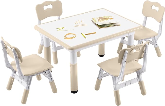 Kids Study Table and Chairs Set, Height Adjustable Toddler Table and Chair Set for Kids Ages 3-8, 31.5" L x 23.6" W Graffiti Desktop Plastic Children Art Table with 4 Seats