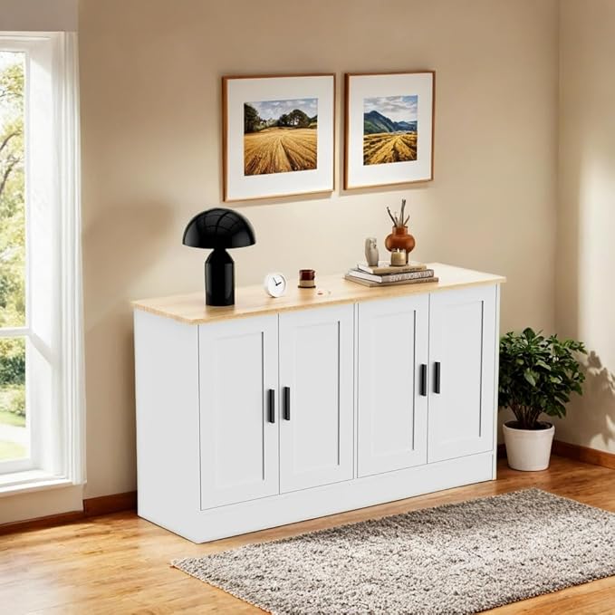 White Sideboard Buffet with 4 Doors, Accent Coffee Bar, Kitchen Cabinet for Living Room, Kitchen or Hallway