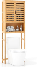 Tangkula Over The Toilet Storage Cabinet, Bamboo Bathroom Space Saver with 2 Doors, Adjustable Bottom Bar, Open Shelf, Freestanding Bathroom Cabinet Organizer Above Toilet for Restroom, Laundry Room
