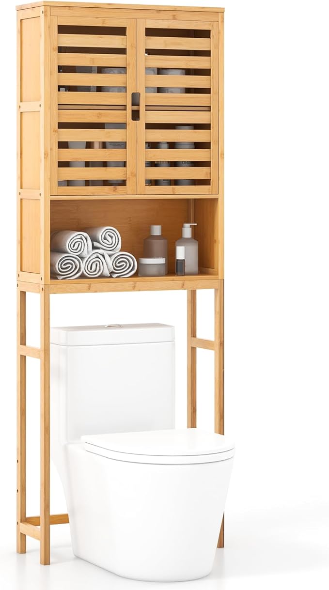 Tangkula Over The Toilet Storage Cabinet, Bamboo Bathroom Space Saver with 2 Doors, Adjustable Bottom Bar, Open Shelf, Freestanding Bathroom Cabinet Organizer Above Toilet for Restroom, Laundry Room