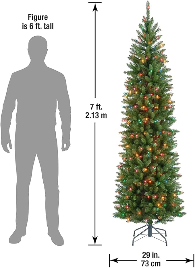 National Tree Company 7 ft Pre-Lit Kingswood Fir Slim Artificial Christmas Tree, 300 Multicolor Lights, 892 Tips, Includes Stand, Green
