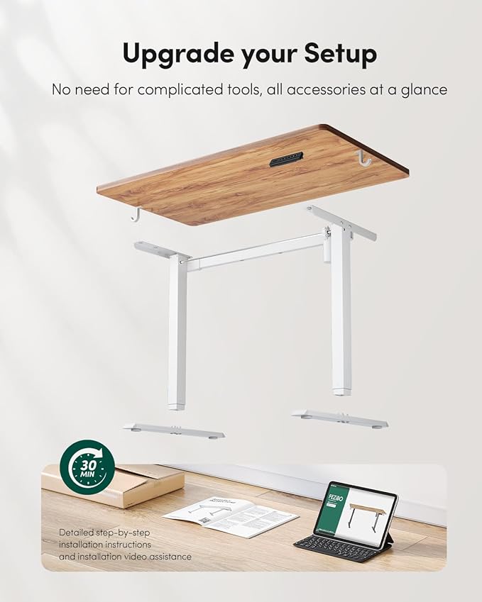 FEZIBO One-Piece Standing Desk Adjustable Height Stand up Home Office Desk, 55x24 Inch Electric Standing Computer Desk, with 4 Memory Presets, Headphone Hook, Light Rustic