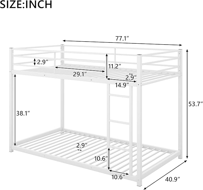 Twin Over Twin Metal Bunk Bed with Full-Length Guardrail,Low Bed Frame W/Ladder, Steel,No Noise,Bedroom Furniture for Children,Teens Adults,White