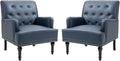 MOJAY Faux Leather Accent Chair Set of 2, Mid-Century Modern Living Room Chair Lounge Study Sofa Chair with Sturdy Wood Legs, Club Chair Armchair for Bedroom Home Study Reception (DarkBlue)